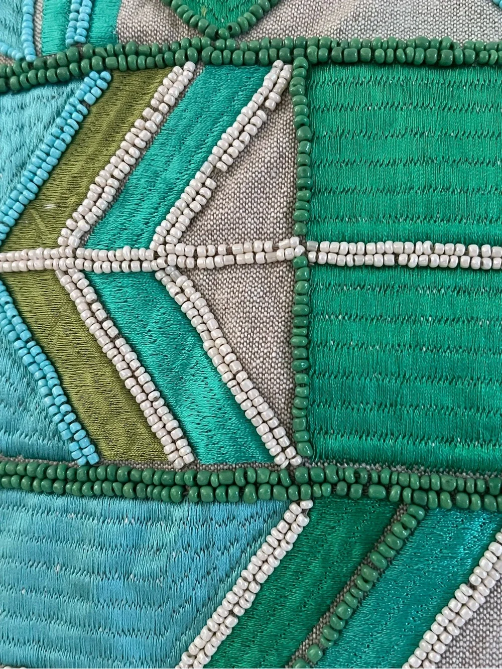 Handcrafted Teal & Green beaded Geometric Accent Pillow -
